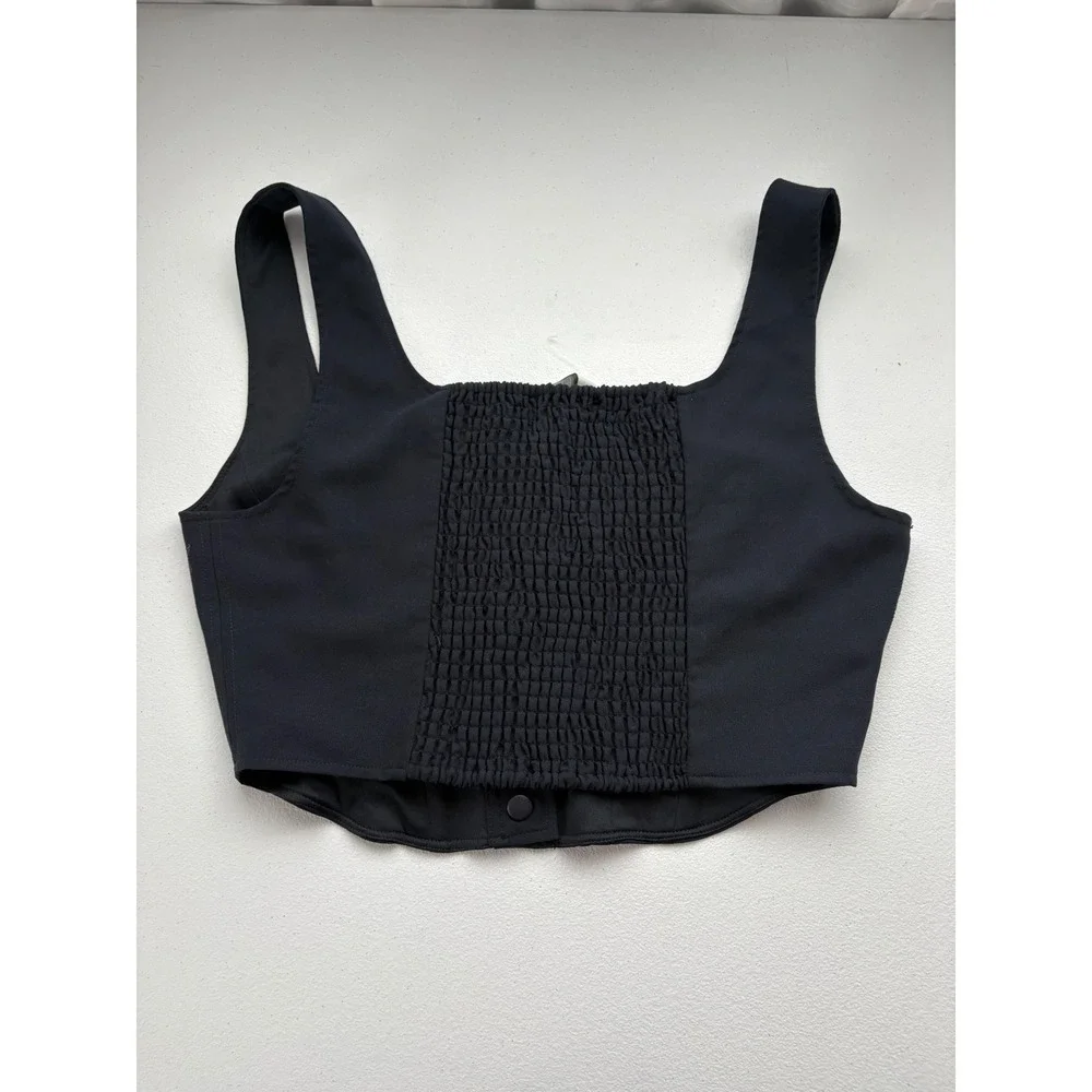 WAYF‎ Navy Blue Button Front Smocked Back Corset Crop Top Large